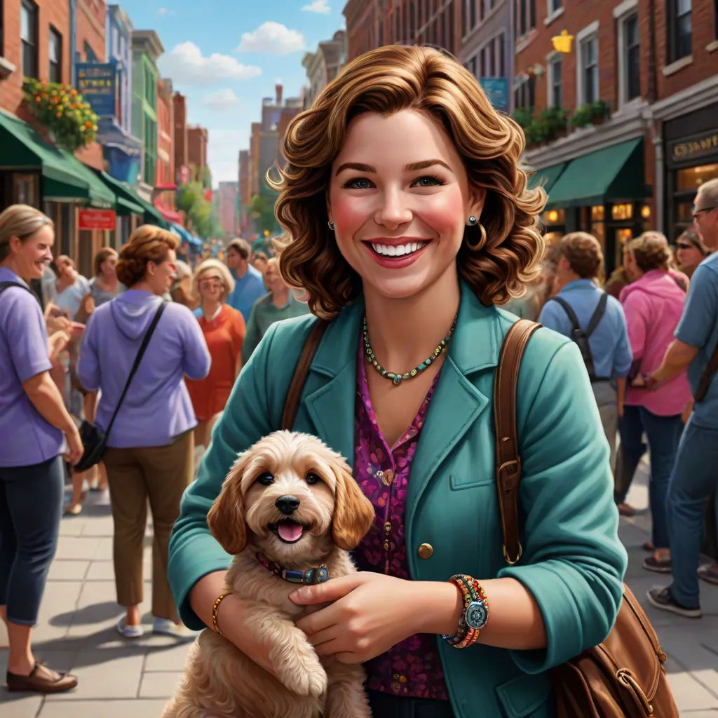 a woman holding a dog in a crowded city street with people walking around her and a crowd of people walking down the street, Dorothy Coke, american scene painting, a character portrait, promotional image