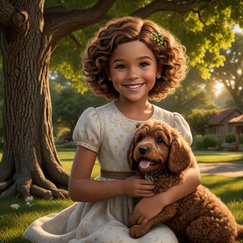 a painting of a girl holding a dog in a park with a tree in the background and a house in the background, Dorothy Coke, photorealism, a character portrait, pixar and disney animation