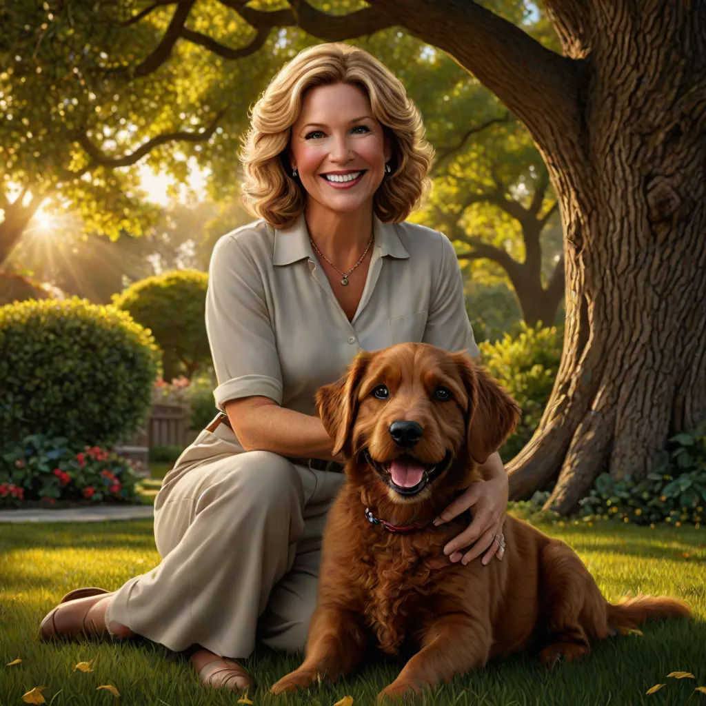 a woman sitting in the grass with a dog next to her and a tree in the background with the sun shining through the leaves, Dorothy Coke, american impressionism, a character portrait, promotional image