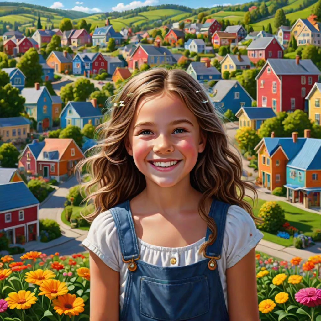 a painting of a girl in a field of flowers with a town in the background and a hill in the distance, Bob Byerley, fantastic realism, a photorealistic painting, highly detailed oil painting