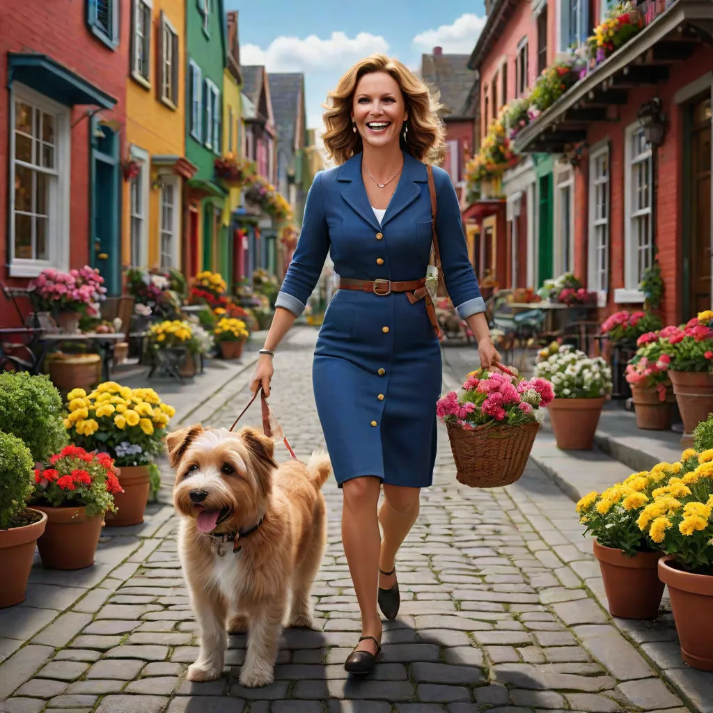 a woman walking a dog down a street with potted flowers on either side of her and a man walking behind her, Felix-Kelly, fauvism, a poster, promotional image