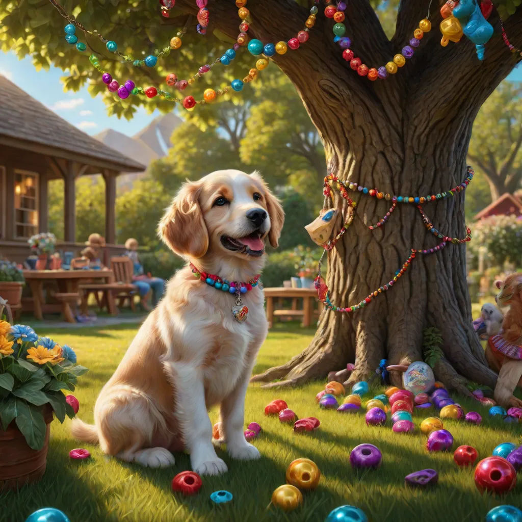 a dog sitting in the grass near a tree with eggs all over it and a house in the background, Chris LaBrooy, american scene painting, a photorealistic painting, highly detailed digital painting