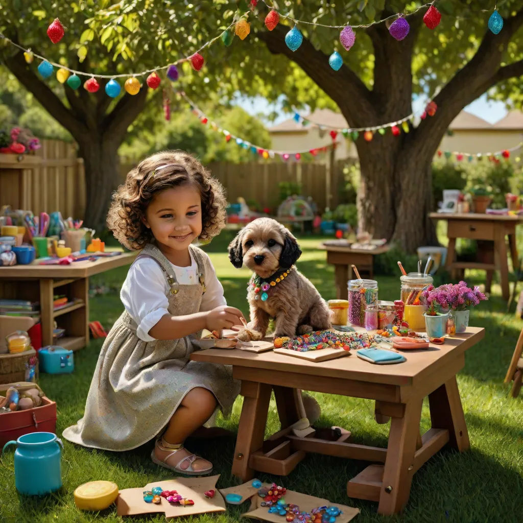 a little girl sitting at a table with a dog in front of her and a party set up in the back yard, Chris LaBrooy, naive art, a storybook illustration, affinity photo