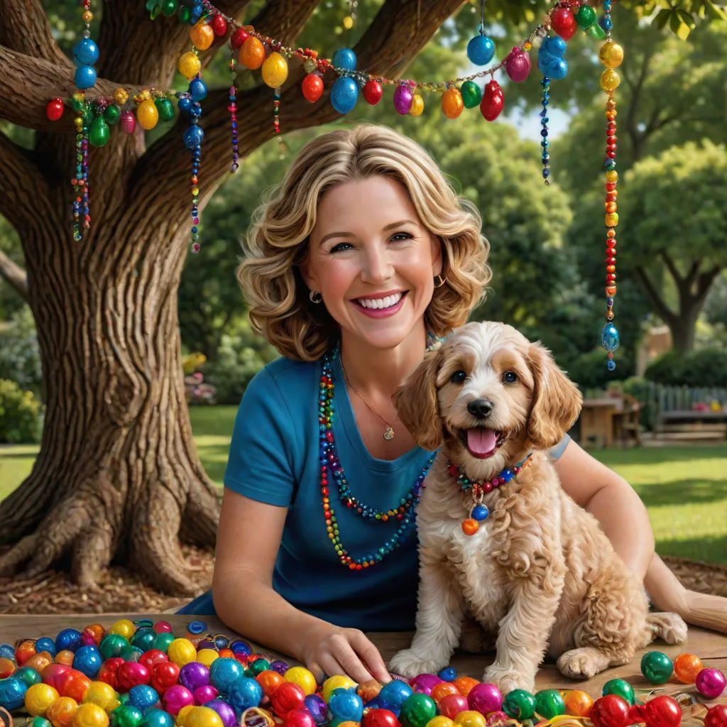 a woman sitting on the ground with a dog in front of a tree and a bunch of balls on the ground, Evelyn Abelson, naive art, a photorealistic painting, promotional image