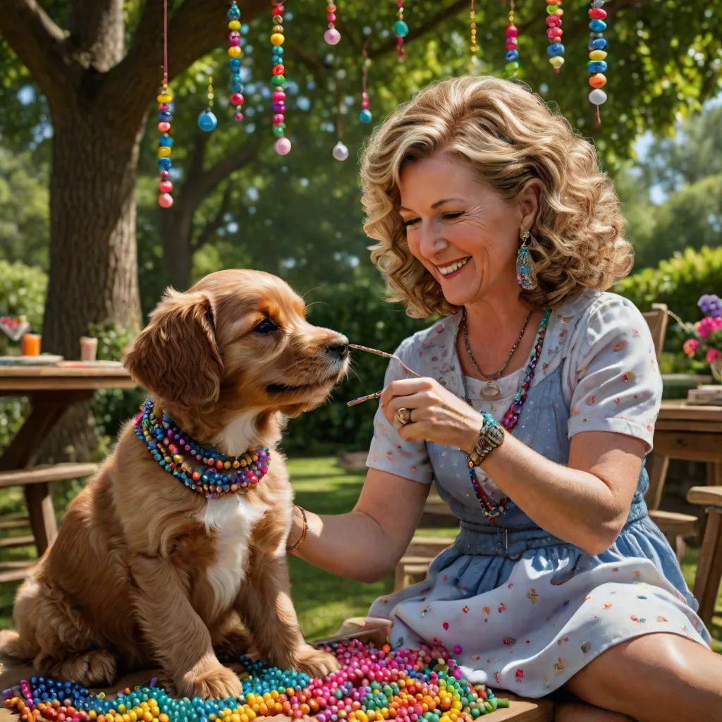 a woman sitting on a bench with a dog on her lap and beads hanging from the tree in the background, Amy Weber, naive art, a photorealistic painting, promotional image