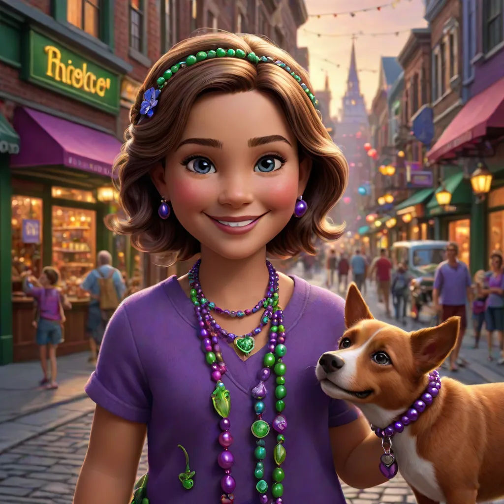 a cartoon girl holding a dog on a city street with people walking by and shops on the side of the street, disney, photorealism, a character portrait, key art