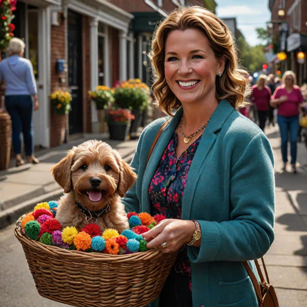 a woman holding a basket with a dog in it on a street corner with people walking by and shops, Alison Debenham, private press, a poster, promotional image