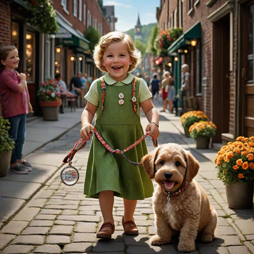 a little girl walking a dog down a street with a tennis racket in her hand and a tennis ball in her hand, Bob Byerley, arts and crafts movement, a stock photo, promotional image