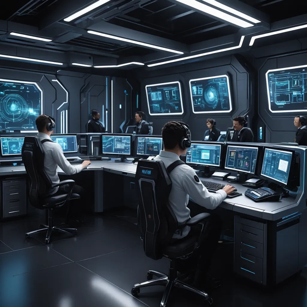 a man sitting at a desk with multiple monitors and a keyboard in front of him and a lot of other people, space art, concept art, Cedric Peyravernay, star citizen halo