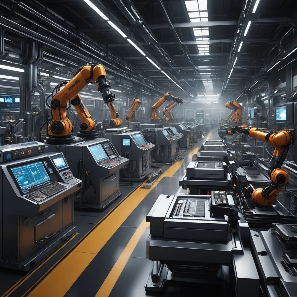 a factory with robots working on machines and monitors on the floor of the factory room, with a yellow line on the floor, les automatistes, a computer rendering, Andries Stock, robots