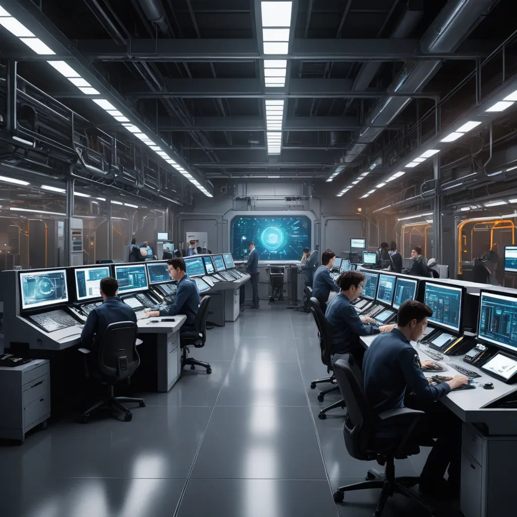 a large room with many computers and people working on them in it and a man standing in the middle of the room, les automatistes, computer graphics, Filip Hodas, redshift render