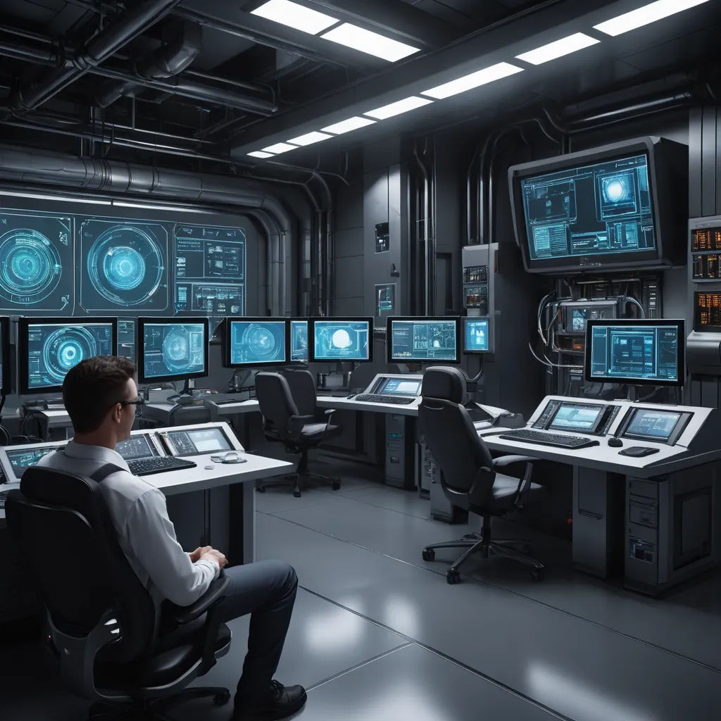 a man sitting in a chair in a room with multiple monitors and a lot of monitors on the wall, les automatistes, computer graphics, Christopher Moeller, unreal engine render