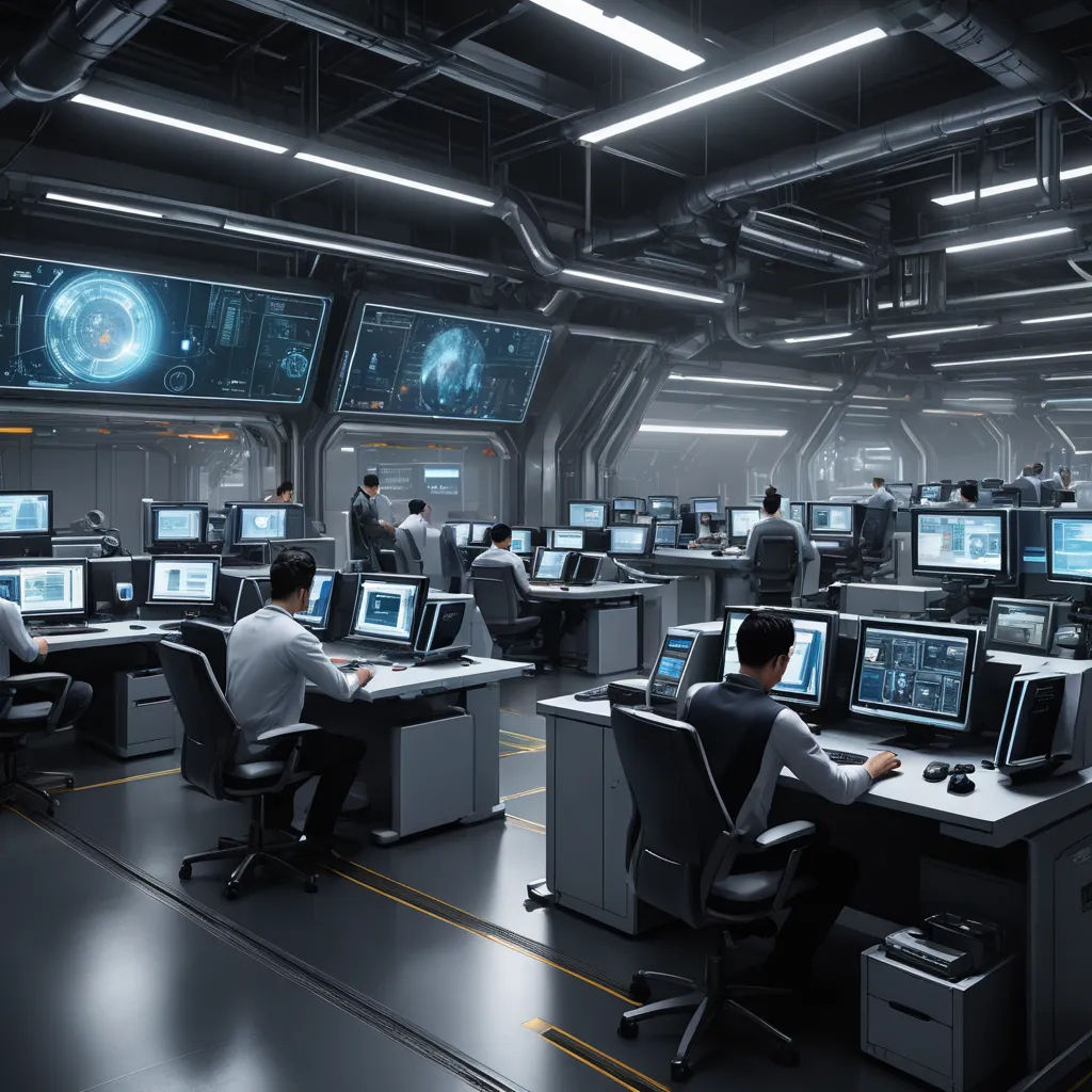 a large room with many computers and people working on them in it and a lot of lights on the ceiling, space art, computer graphics, Filip Hodas, star citizen halo