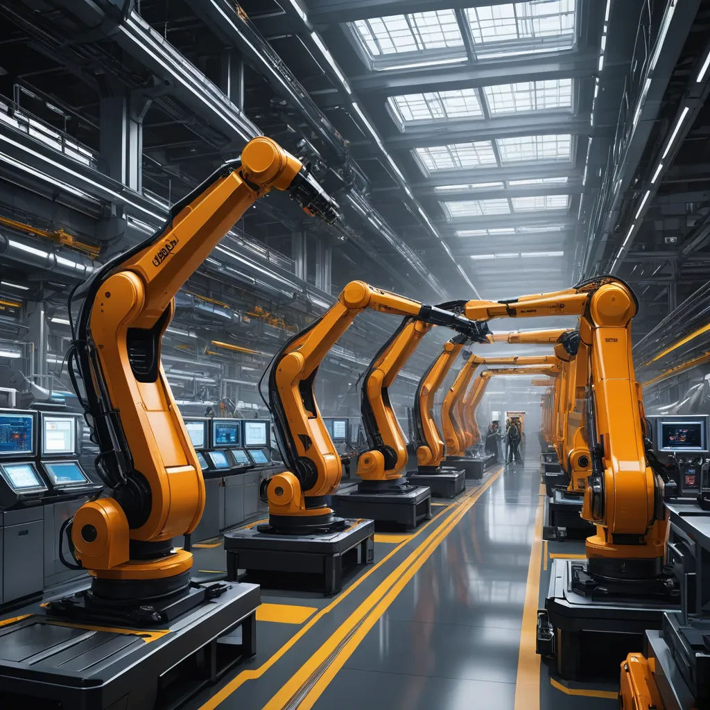 a factory with robots moving along the conveyor belt and a man walking by in the distance in the distance, les automatistes, a stock photo, Andries Stock, robots