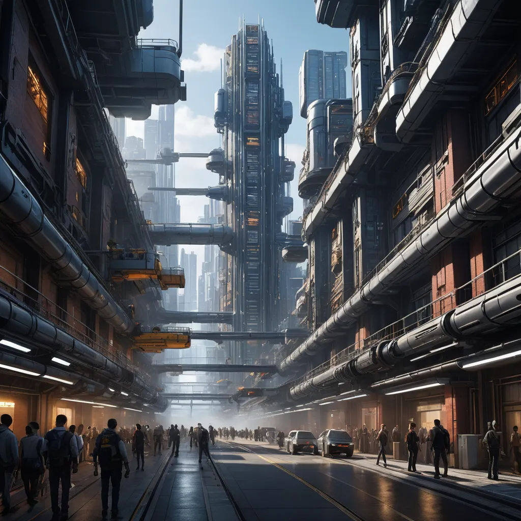 a group of people walking down a street next to tall buildings in a city with tall buildings on either side of the street, futurism, a detailed matte painting, Cedric Peyravernay, cgstudio