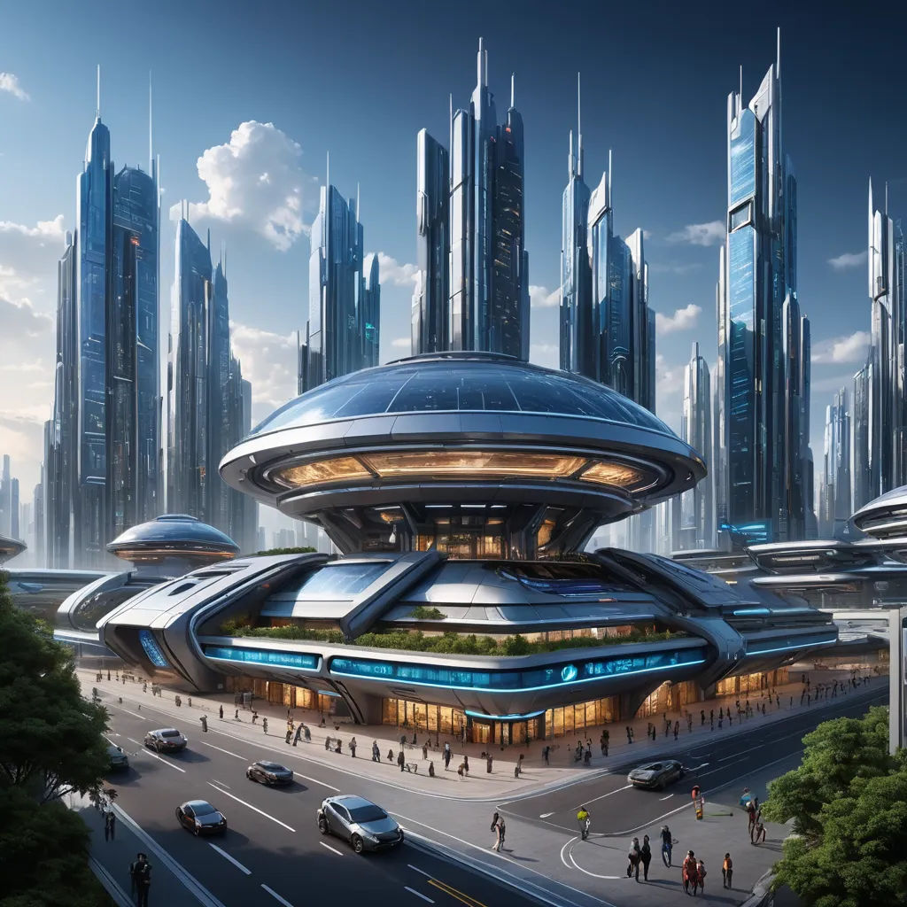 a futuristic city with a futuristic building and a futuristic car park in front of it and people walking around, futurism, a detailed matte painting, Edi Rama, futuristic
