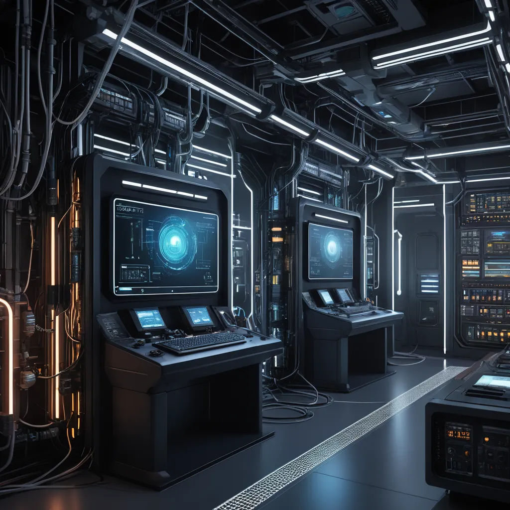 a futuristic room with a lot of equipment and lights on the ceiling and a lot of wires running through the ceiling, space art, computer graphics, Filip Hodas, cinema 4 d