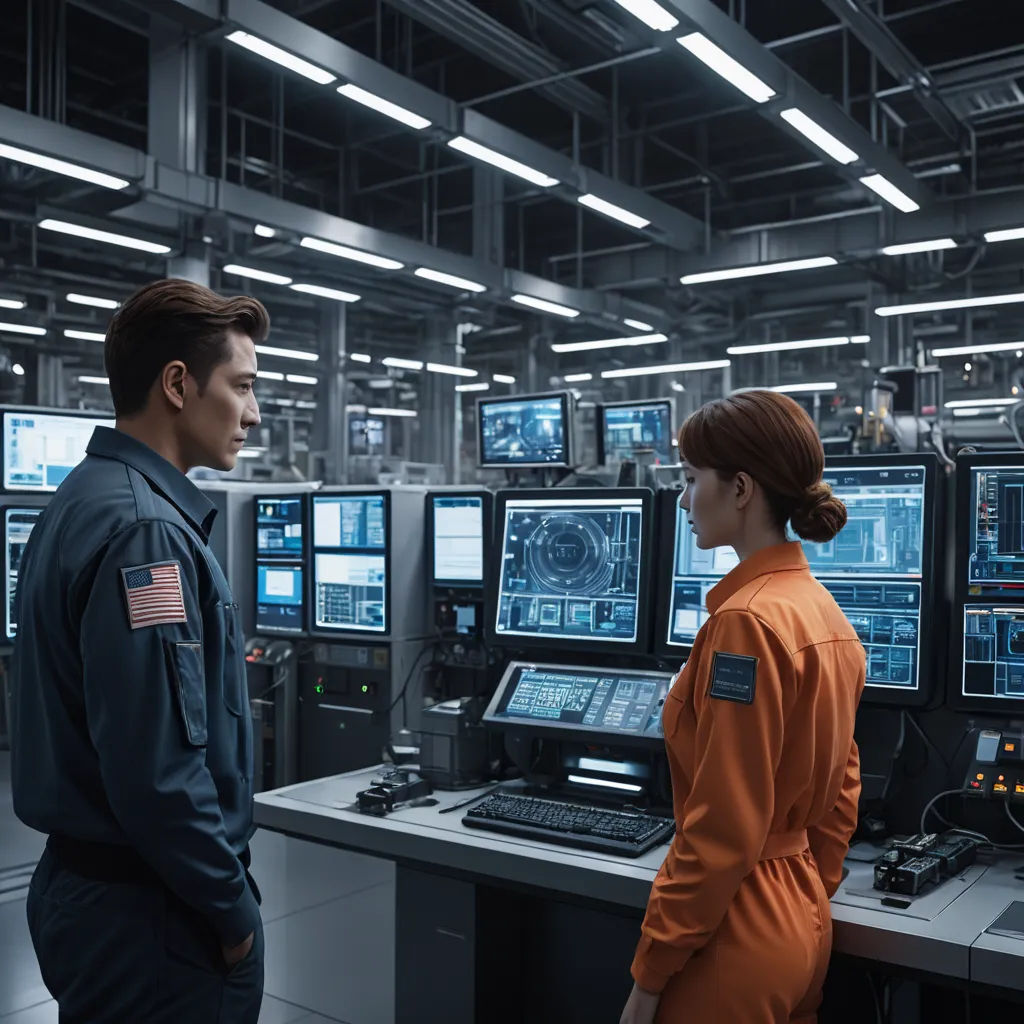 a man and a woman standing in front of a bunch of monitors in a room with lights on the ceiling, les automatistes, a stock photo, Felix-Kelly, promotional image