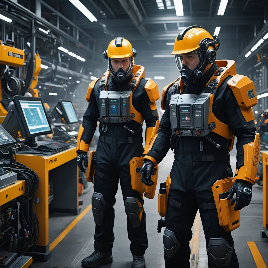 two men in yellow and black work gear in a factory with a laptop on the floor and a monitor on the wall, les automatistes, concept art, Filip Hodas, hard surface
