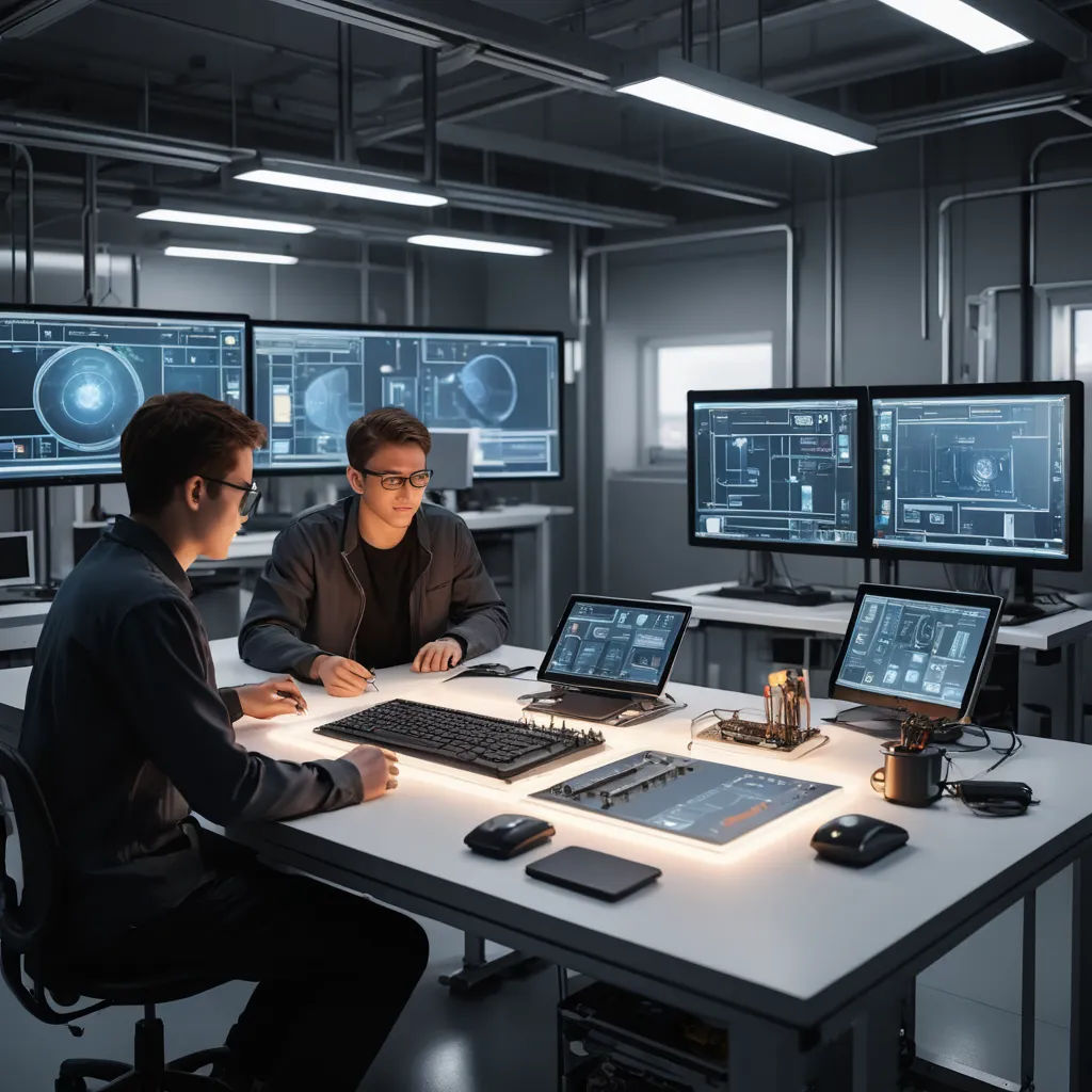 two men sitting at a table with computers and monitors on it, one of them is on a cell phone, les automatistes, a stock photo, Daniel Schultz, art station