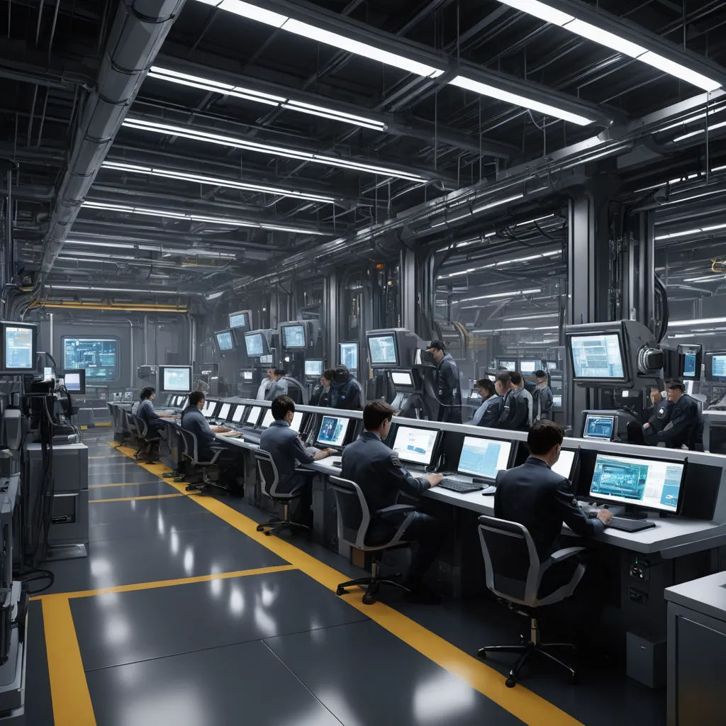 a large room with many computers and people working on them in it and a yellow line on the floor, les automatistes, a detailed matte painting, Cedric Peyravernay, unreal engine render
