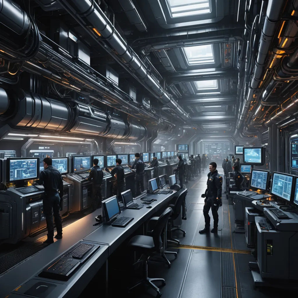 a sci - fi space station with computers and people standing around it and looking at them in the distance, space art, computer graphics, Cedric Peyravernay, cgstudio