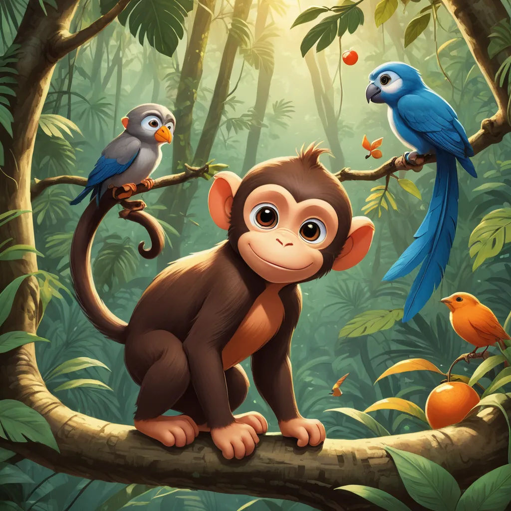 a monkey sitting on a branch with two birds and a bird on it's back in a jungle, sots art, a storybook illustration, Chris LaBrooy, highly detailed digital painting