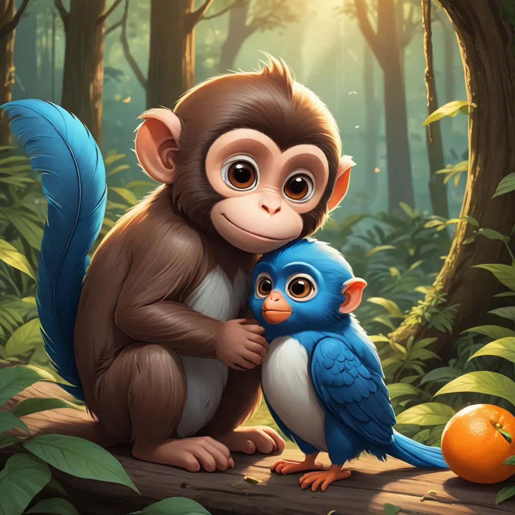 a monkey and a blue bird are sitting on a log in the woods together, with a bright sun shining through the trees, sots art, a digital painting, Chris LaBrooy, cgstudio