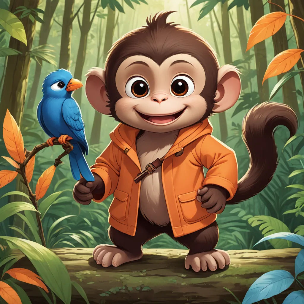 a monkey with a blue bird on a branch in a jungle with bamboo trees and leaves, with a blue bird perched on a branch, furry art, a character portrait, Chris LaBrooy, promotional image
