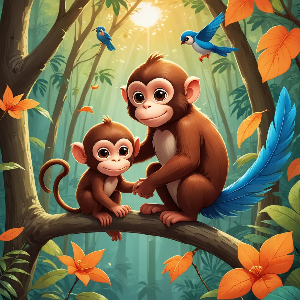 a monkey and a monkey sitting on a branch in the jungle with flowers and birds around it, and a sun shining through the trees, naturalism, a storybook illustration, Chris LaBrooy, highly detailed digital painting
