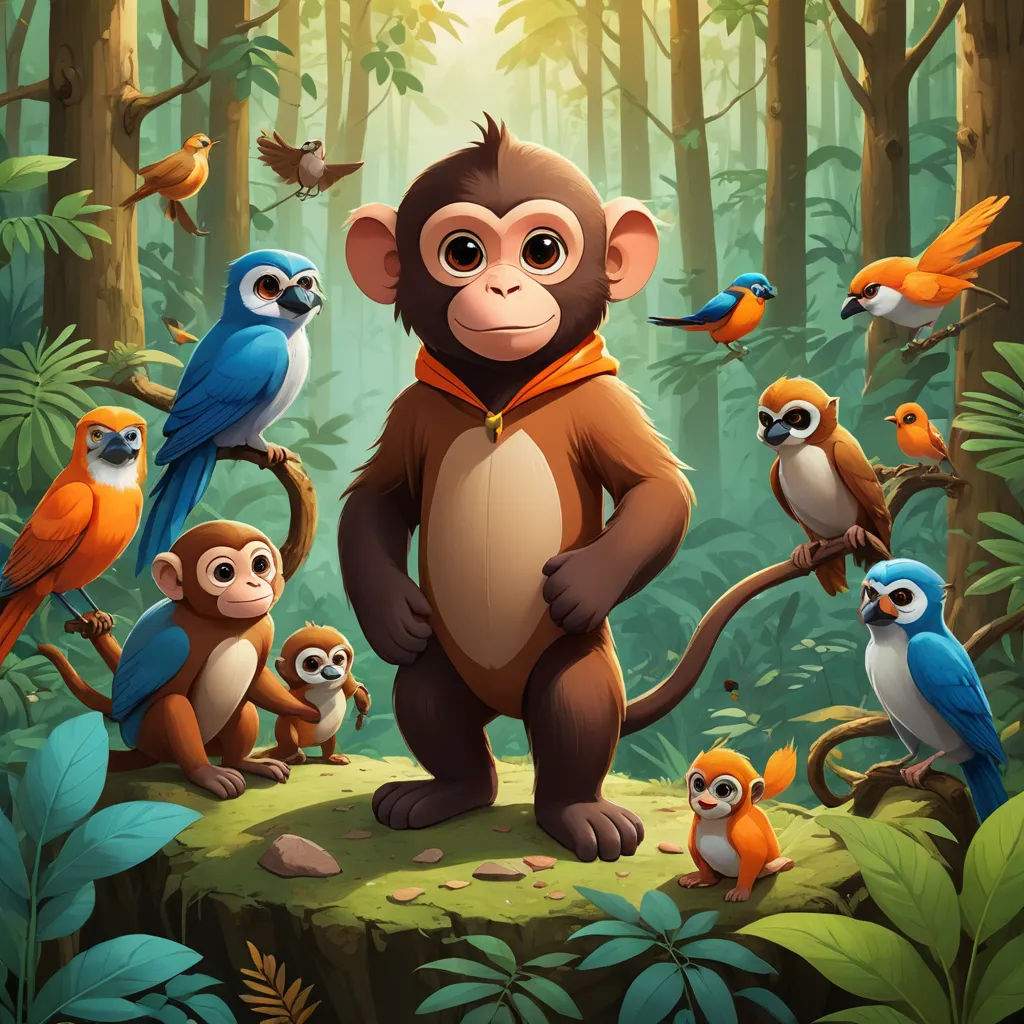 a monkey standing in the middle of a forest with many birds around him and a monkey on the other side of the picture, sots art, a character portrait, Chris LaBrooy, promotional image