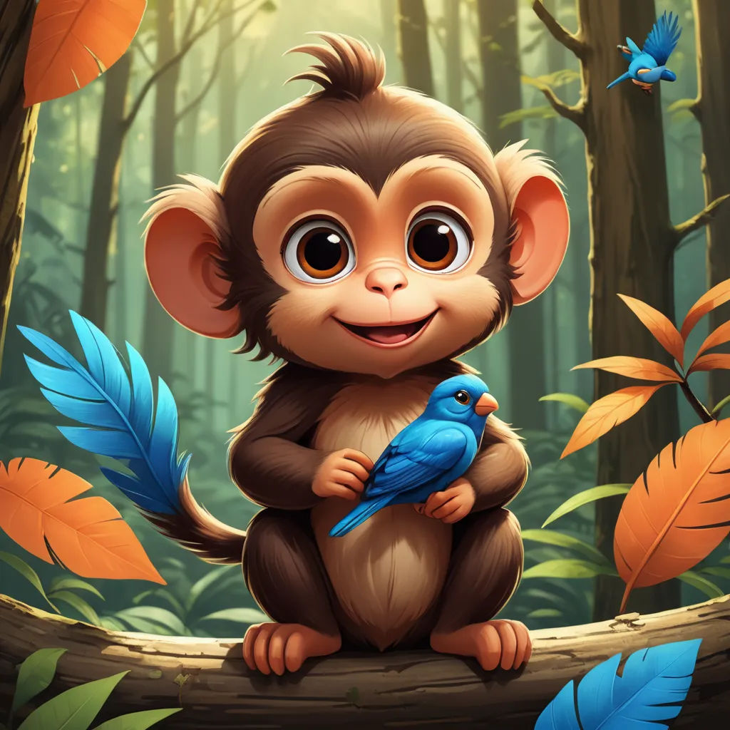a monkey holding a blue bird in a forest with leaves and trees in the background, with a bird on the branch, fantasy art, a digital painting, Diego Gisbert Llorens, behance hd