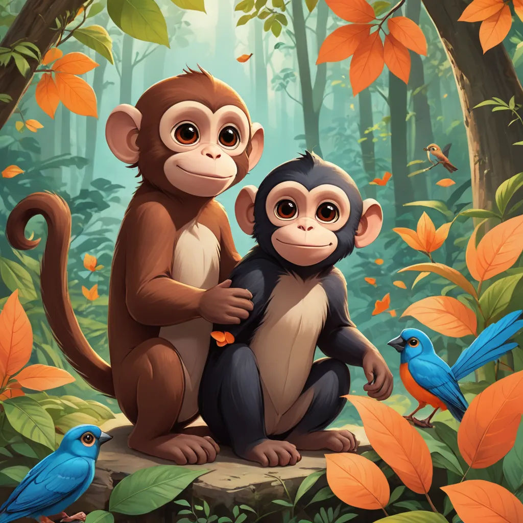 a monkey and a monkey sitting on a rock in the forest with birds around them and leaves around them, primitivism, a digital painting, Diego Gisbert Llorens, highly detailed digital painting