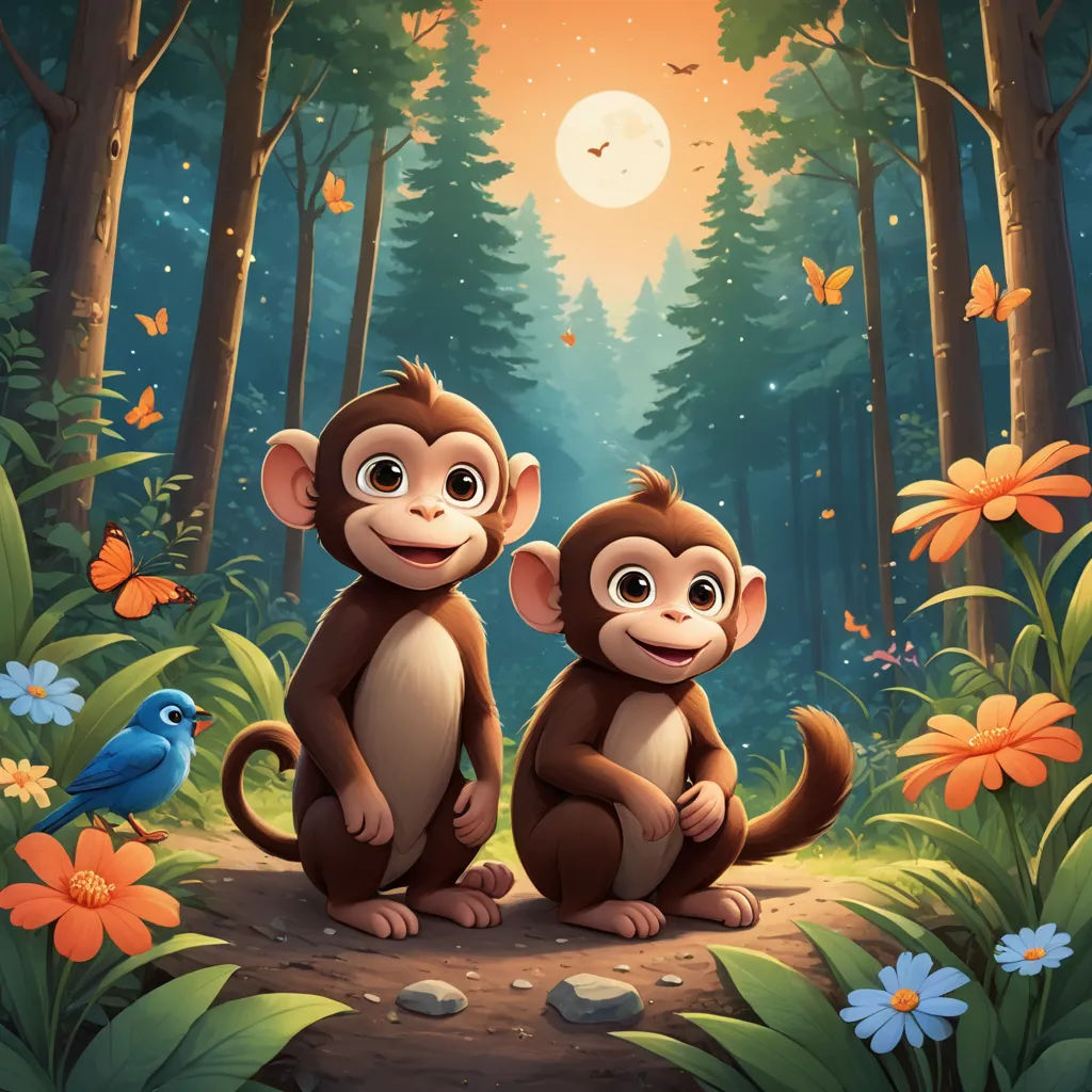 two monkeys sitting in the middle of a forest with a bird flying above them and a full moon in the background, sots art, a storybook illustration, Chris LaBrooy, promotional image