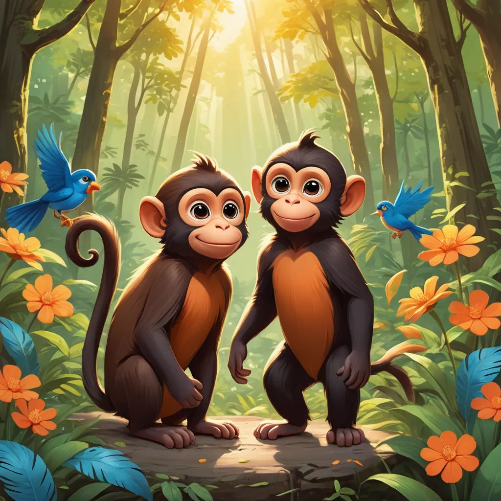 two monkeys standing in the middle of a forest with birds flying around them and a sun shining through the trees, primitivism, poster art, Chris LaBrooy, official art