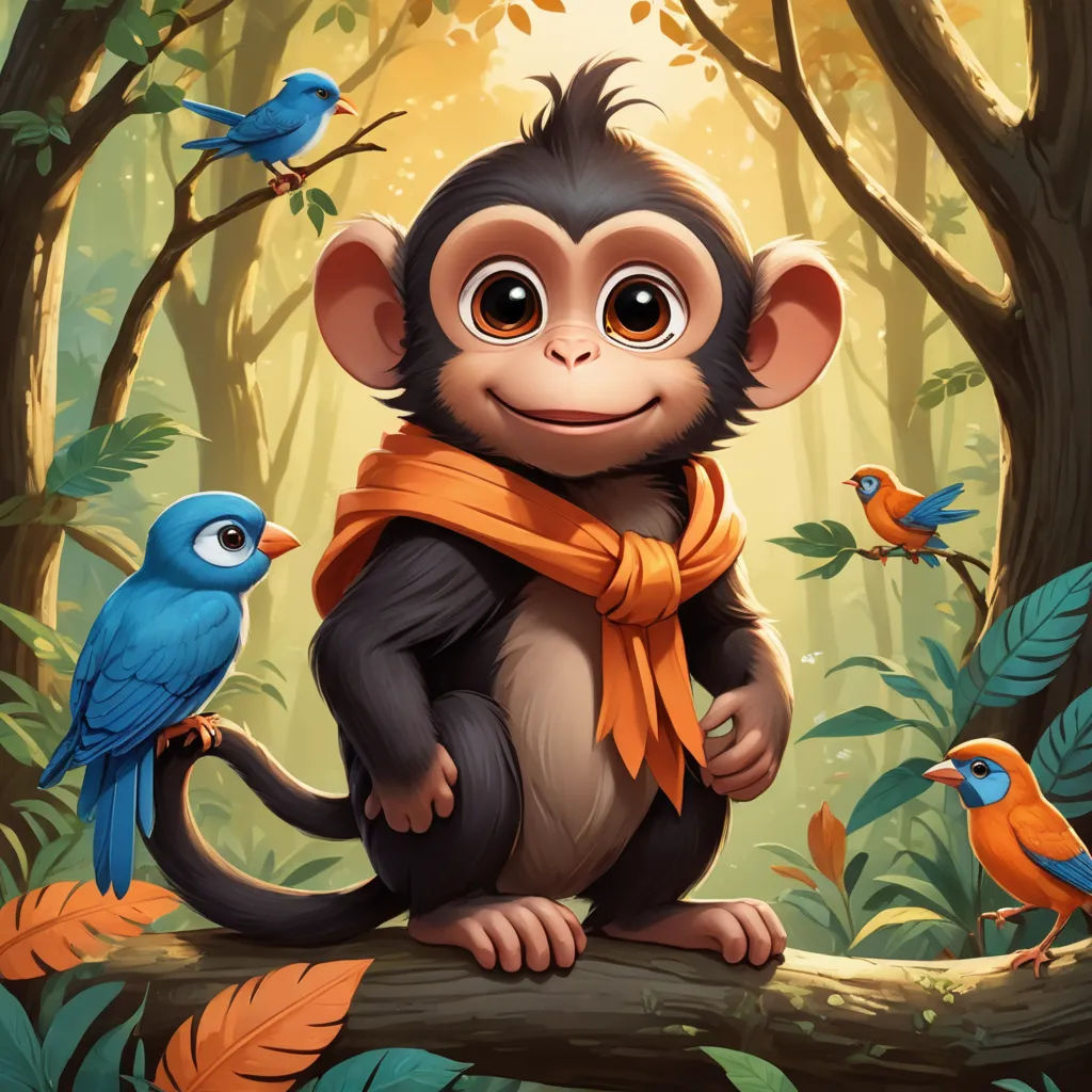 a monkey with a scarf on sitting on a branch in the forest with birds around him and a bird on the branch, furry art, a character portrait, Chris LaBrooy, highly detailed digital painting