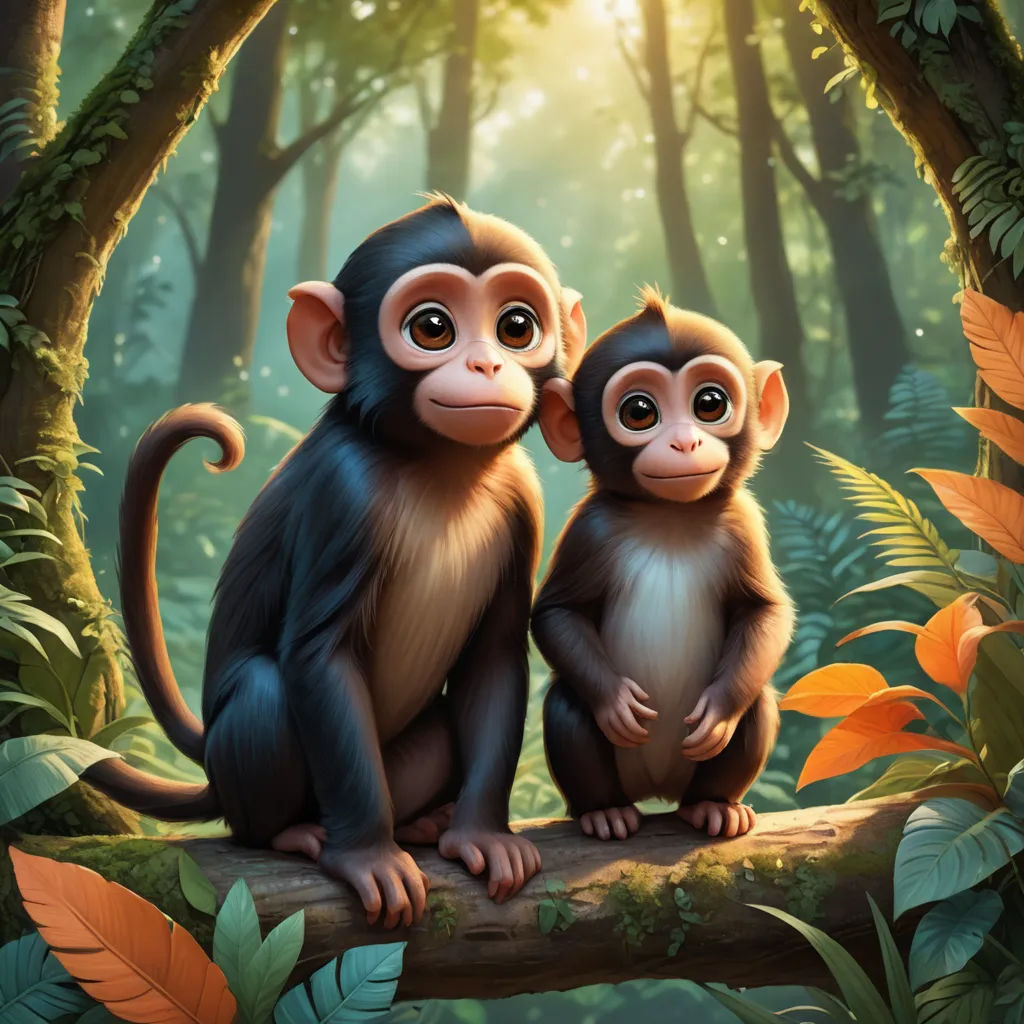 two monkeys sitting on a tree branch in a forest with leaves and sunlight shining through the trees behind them, incoherents, a digital painting, Chris LaBrooy, highly detailed digital painting