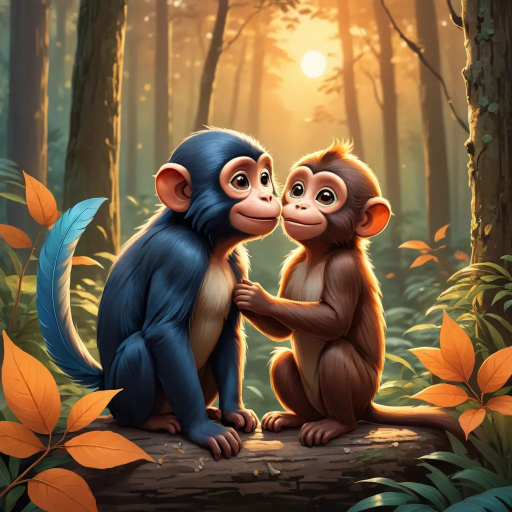 two monkeys sitting on a log in a forest with the sun shining through the trees behind them and the background is a forest with leaves and a, sots art, a digital painting, Chris LaBrooy, cgstudio