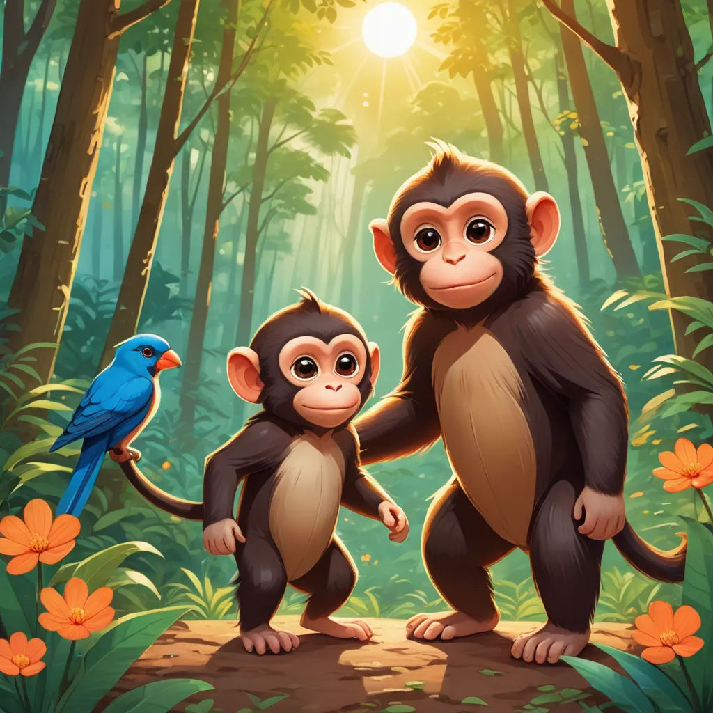 two monkeys standing next to each other in a forest with a bird on the tree branch and a bird on the ground, primitivism, a storybook illustration, Chris LaBrooy, jungle