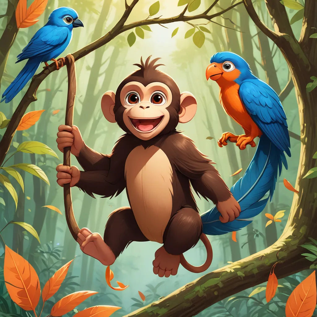 a monkey holding a stick and two birds on a tree branch in a jungle with leaves and a bird on a branch, primitivism, a storybook illustration, Chris LaBrooy, highly detailed digital painting