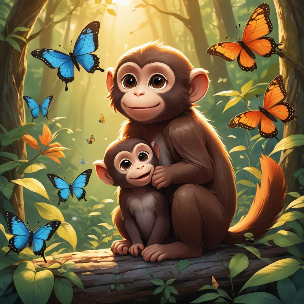 a monkey and a baby sitting on a log in the woods with butterflies around them and a butterfly in the background, primitivism, a storybook illustration, Diego Gisbert Llorens, official art