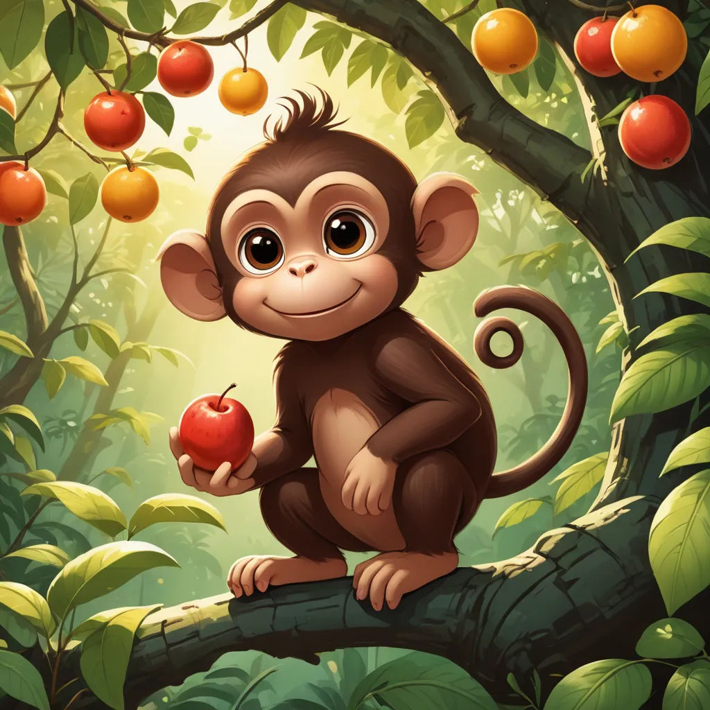 a monkey sitting on a branch holding an apple in a forest with fruit hanging from the trees around him, naturalism, a storybook illustration, Diego Gisbert Llorens, highly detailed digital painting