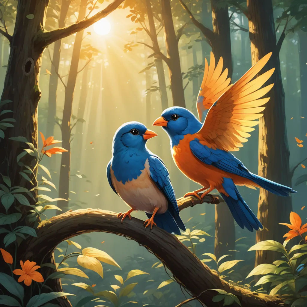 two birds sitting on a branch in a forest with sunlight shining through the trees and leaves on the ground, fantasy art, a digital painting, Chris LaBrooy, birds