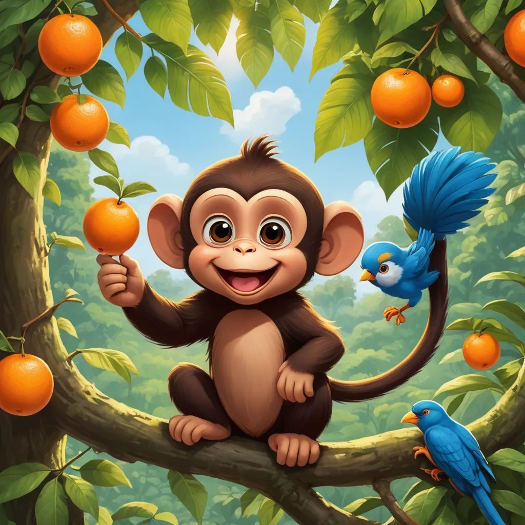 a monkey sitting on a branch with a blue bird on it's shoulder and an orange tree in the background, sots art, a storybook illustration, Chris LaBrooy, highly detailed digital painting