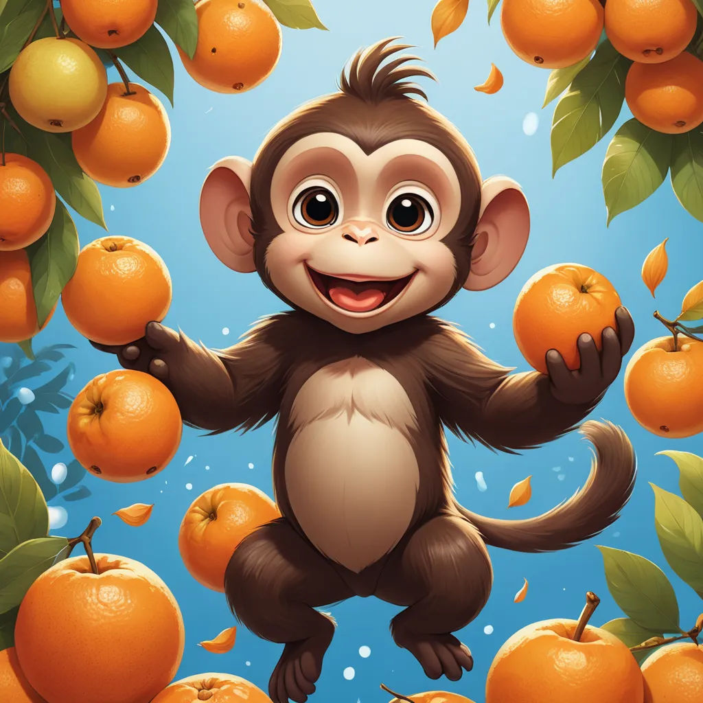 a monkey is standing on a branch with oranges in front of him and smiling at the camera,, sots art, a character portrait, Chris LaBrooy, behance hd