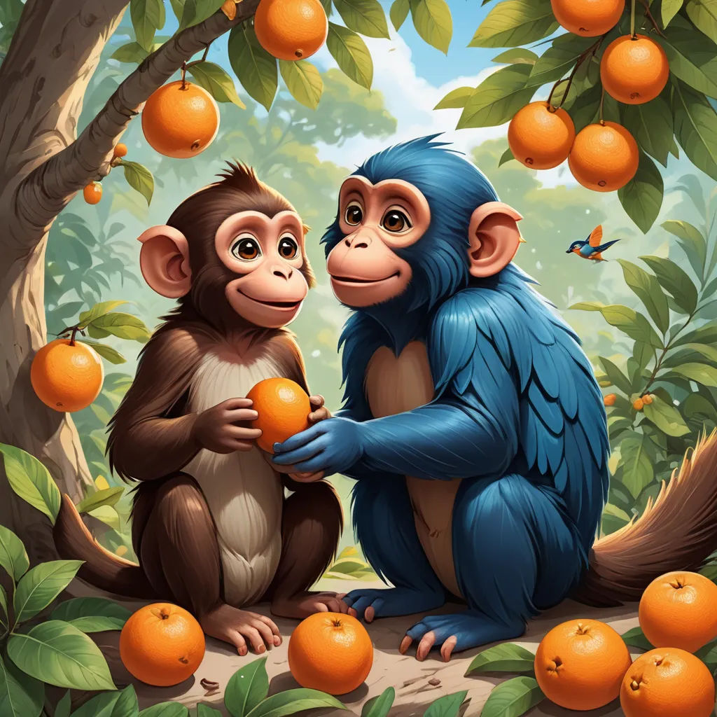 two monkeys sitting on a tree branch with oranges in the background and a tree with oranges in the foreground, primitivism, a storybook illustration, Chris LaBrooy, highly detailed digital painting