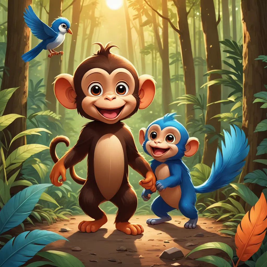 a monkey and a monkey are standing in the woods together, with a bird flying above them and a bird flying above them, primitivism, a digital painting, Chris LaBrooy, behance hd