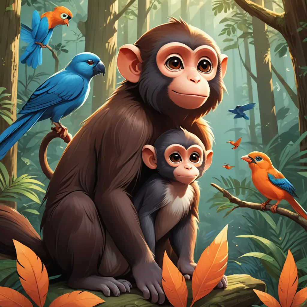 a monkey and a baby monkey in a jungle with birds and flowers on the ground and a bird on the tree, primitivism, a storybook illustration, Chris LaBrooy, highly detailed digital painting