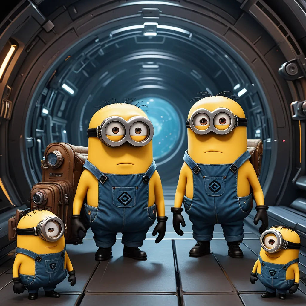 a group of minion characters standing in a tunnel with a camera on their back and a backpack on their shoulder, photorealism, an ambient occlusion render, Beeple, unreal engine 5 highly rendered