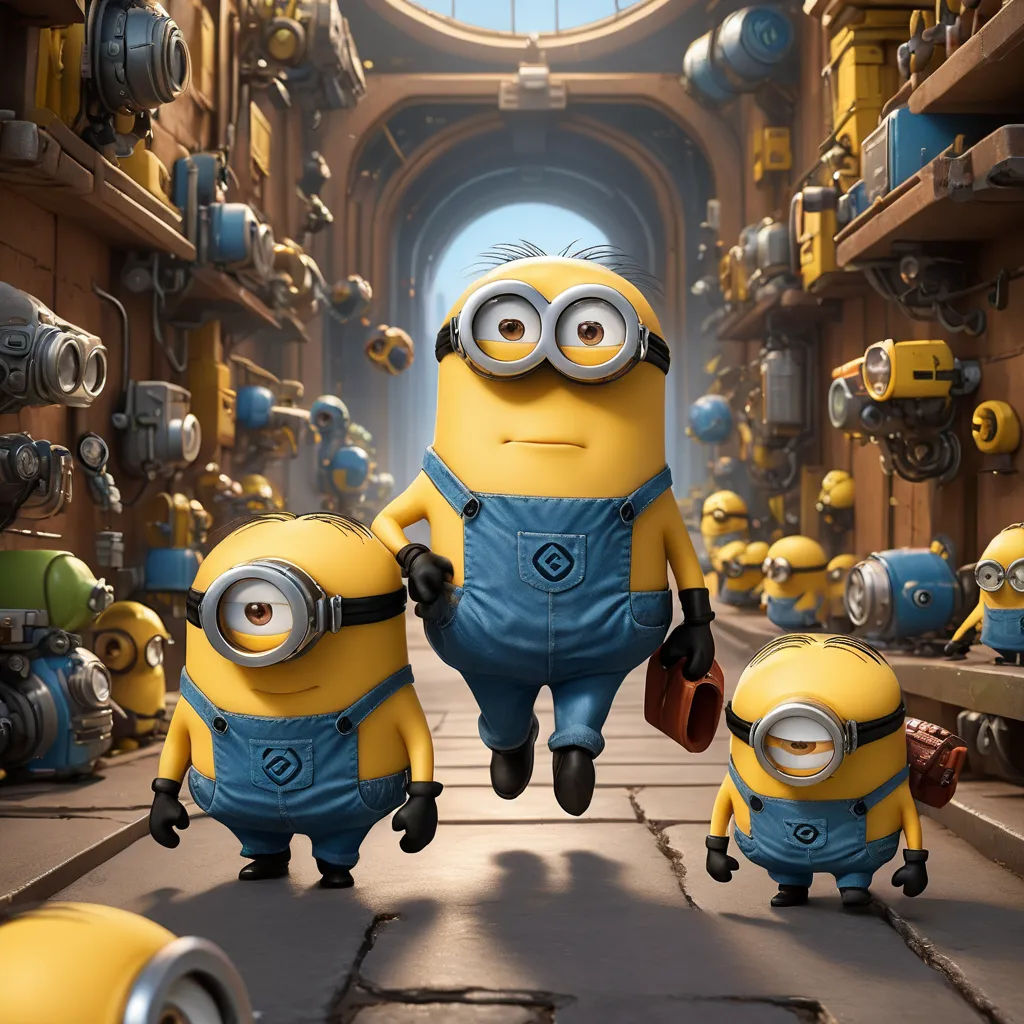 a group of minions from the movie despicable me running down a hallway with a clock in the background, incoherents, computer graphics, David Teniers III, unreal engine 5